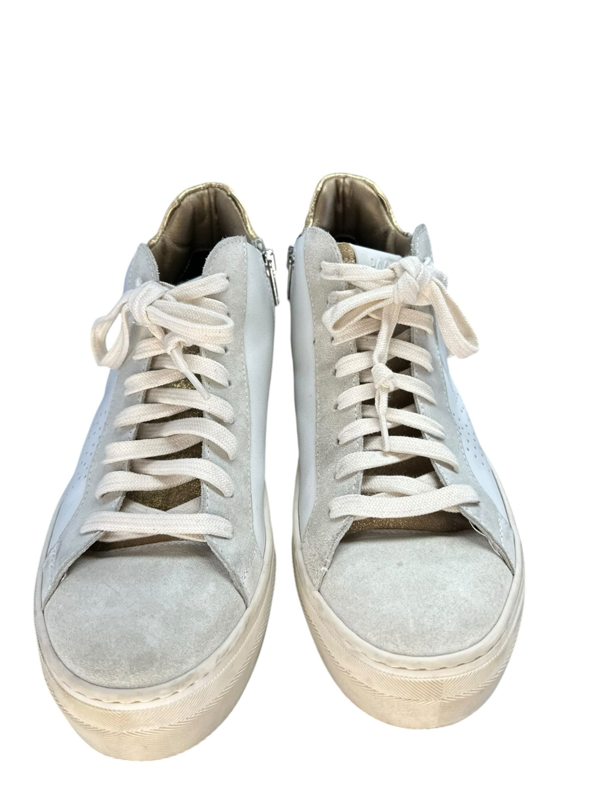 P448 Thea Mid Millenium Platform Sneakers in White, Gold & Suede Size 39