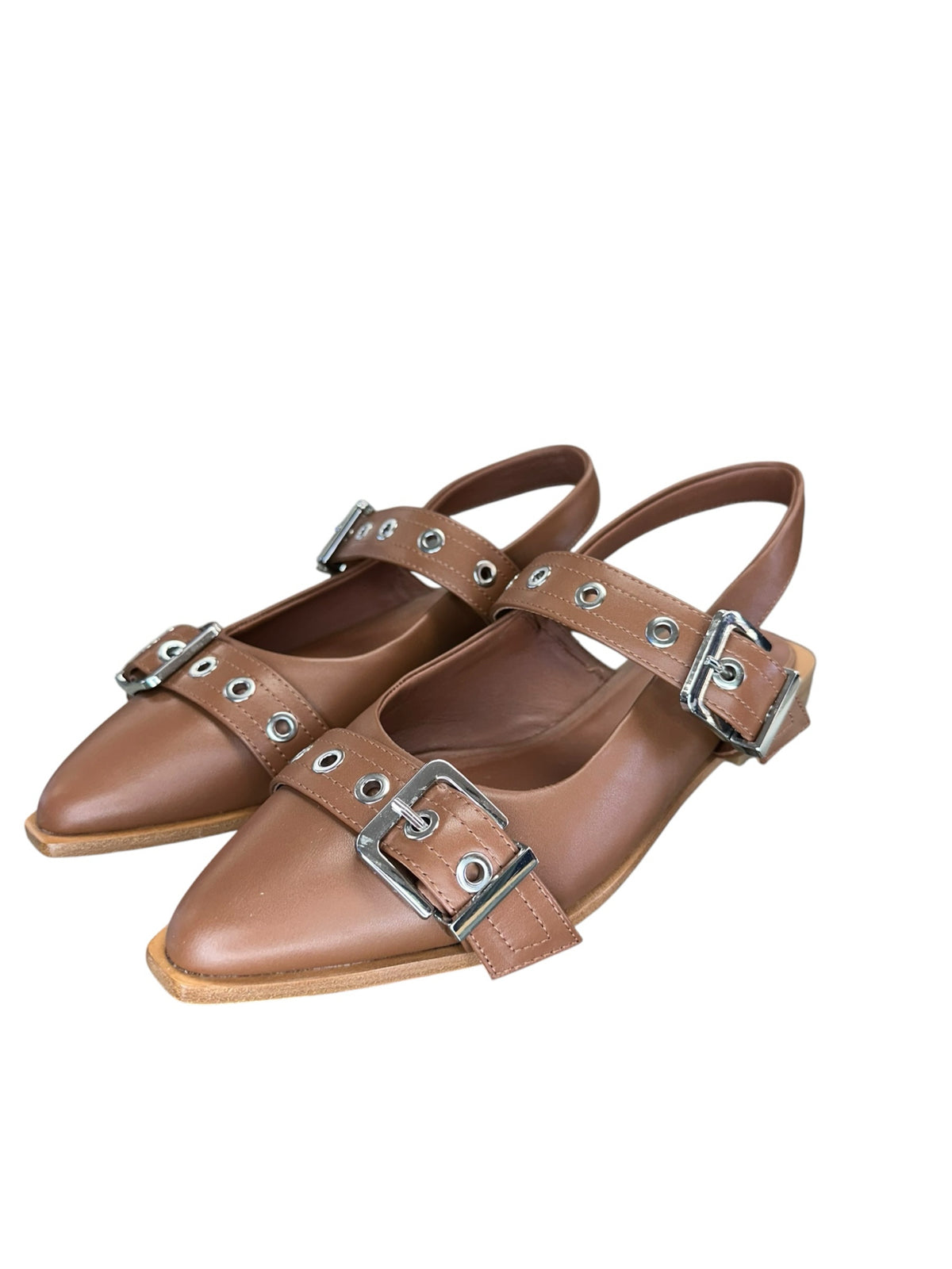 Quince Brown Cognac Italian Leather Bold Buckle Slingback Flats Size 8