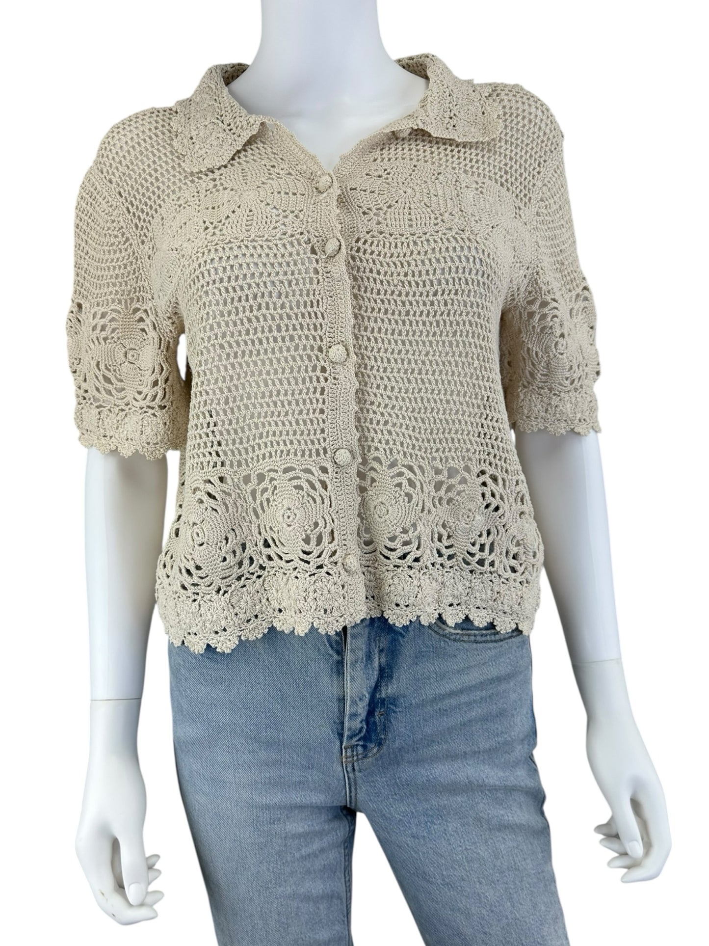the great. Cream Crochet Knit Sweater Size O/S