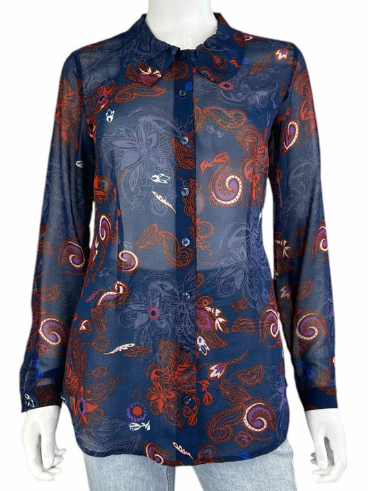 cabi Navy Paisley Button-Down Shirt Size XS