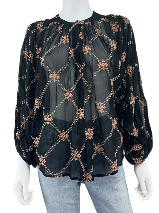 Johnny Was NWT Black Sheer Print Iman Blouse Size S