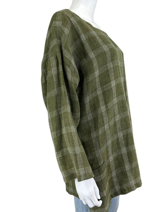 EILEEN FISHER 100% Organic Linen Green Plaid Blouse Size XL