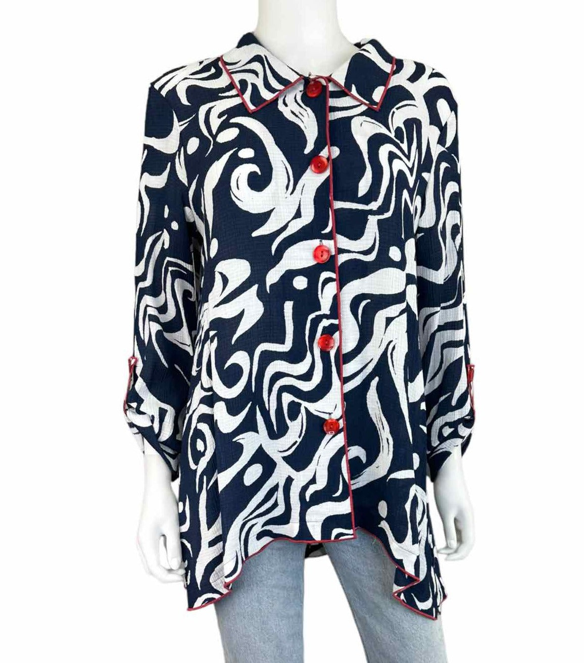 Ali Miles NWT Navy Swirl Printed Blouse Size M