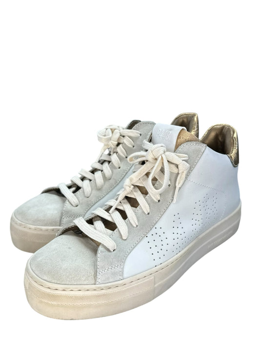 P448 Thea Mid Millenium Platform Sneakers in White, Gold & Suede Size 39