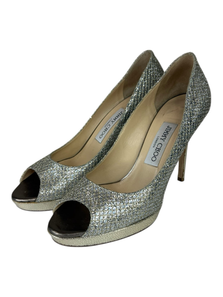 JIMMY CHOO Silver Luna 100 Champagne Glitter Platform Pumps Size 38