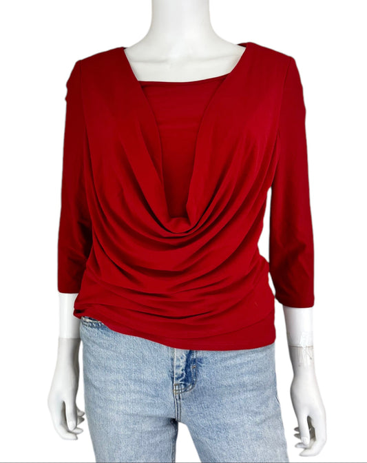 FRANK LYMAN Red Swoop Neck Knit Blouse Size 10