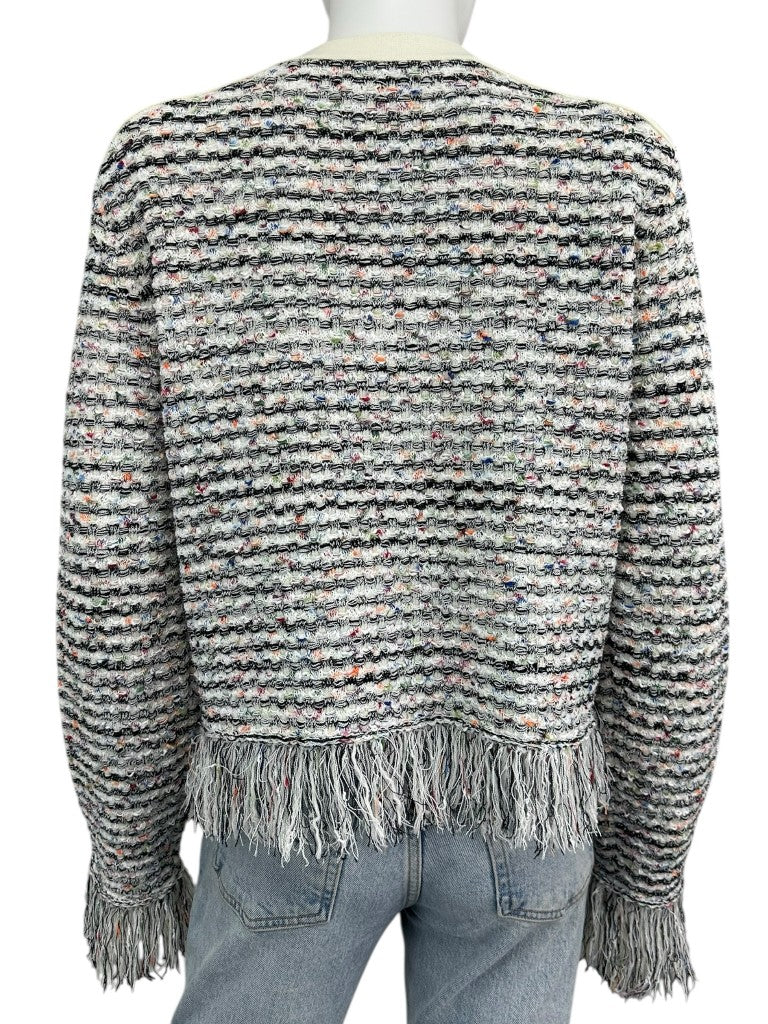 MILLY Tweed Fringe Trim Sweater Cardigan Jacket Size L