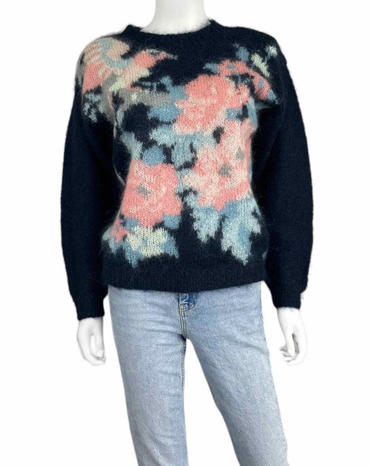 Vintage Lauren Cole Navy Floral Mohair Wool Sweater Size M