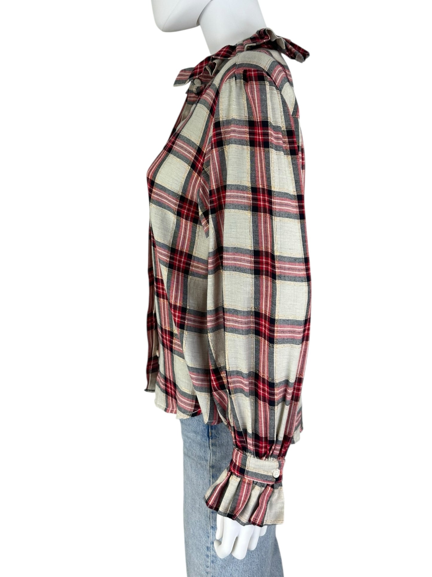 KOCH Red Plaid Ruffle Trim Size S  Button-Down Shirt