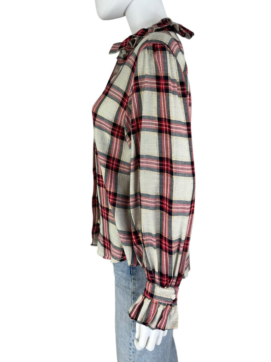 KOCH Red Plaid Ruffle Trim Size S  Button-Down Shirt