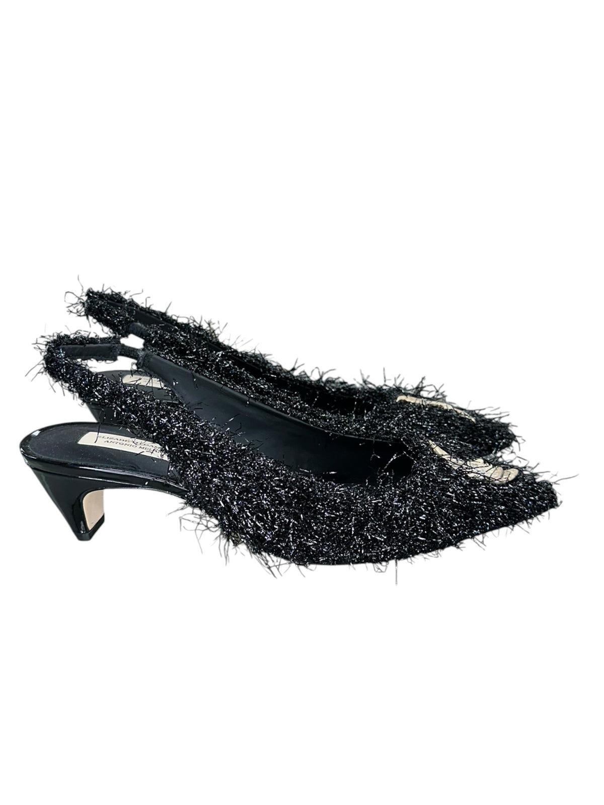 ELIZABETH DAMRICH x ANTONIO MELANI NEW Black Moon Boucle Ornamented Frayed Slingback Size 7