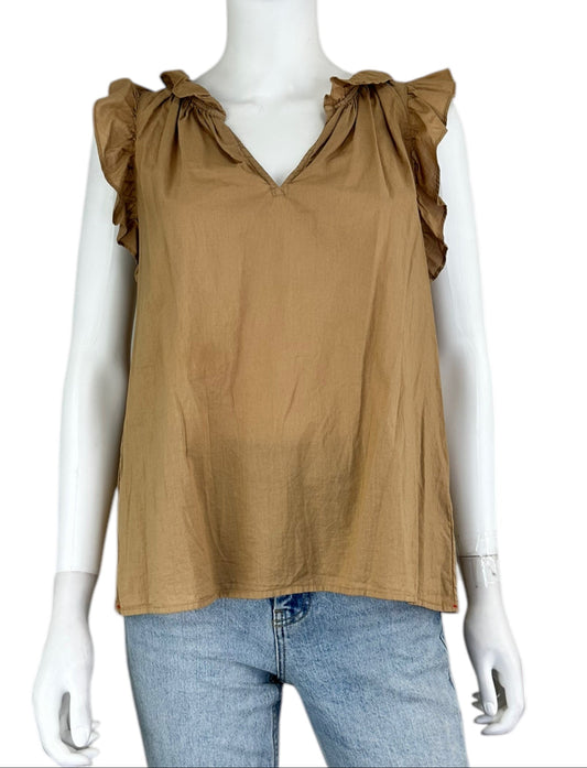 Xirena Brown 100% Cotton Short Ruffle Sleeve Blouse Size M