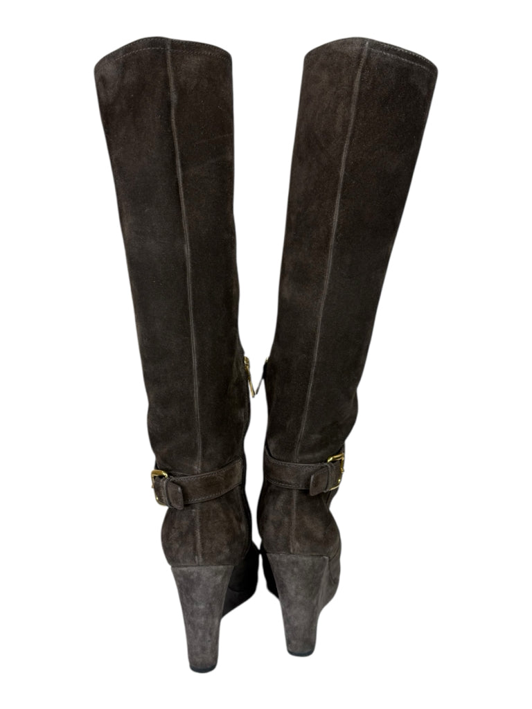 PRADA Brown Suede Wedge Knee Boots Size 7