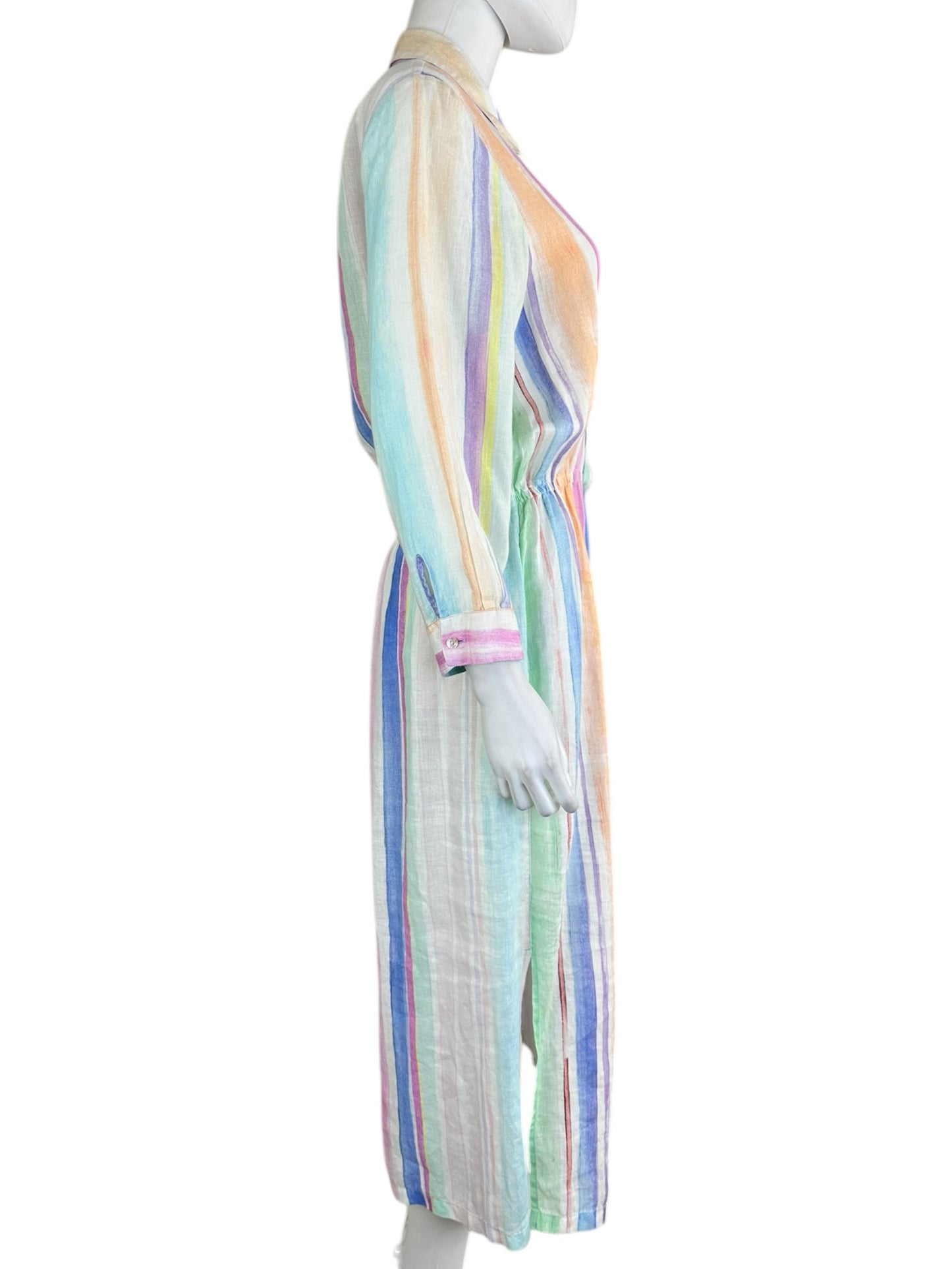 120% Lino 100% Linen Pastel Stripe Button-Down Dress Size 44