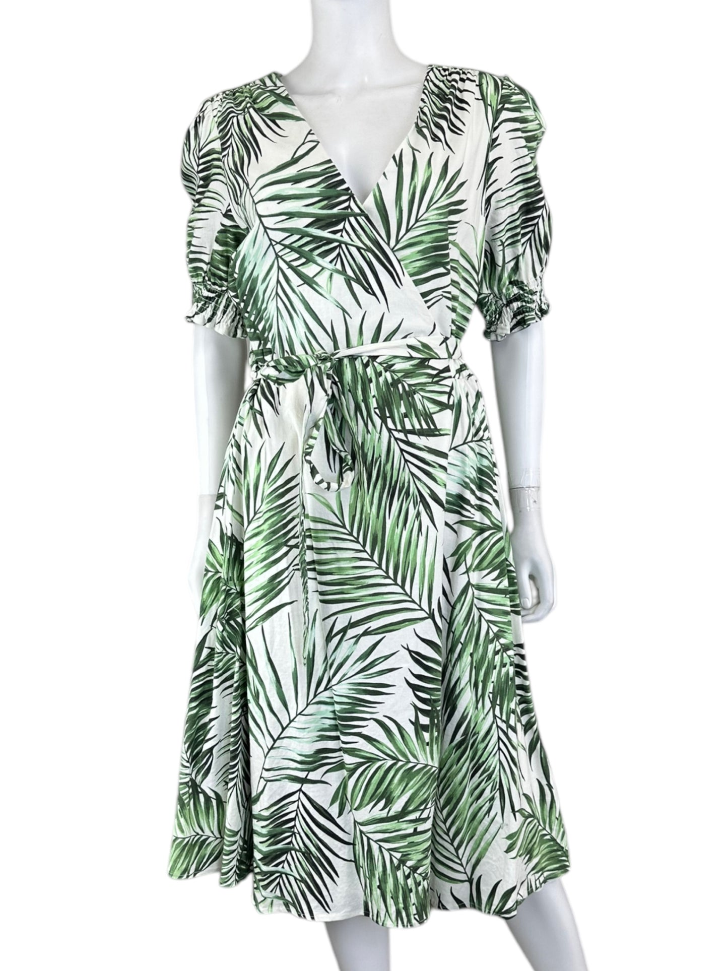 ALEX MARIE Green Palm Print Midi Dress Size L