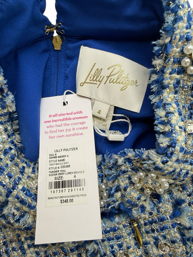 Lilly Pulitzer NWT Blue Teddy Metallic Tweed Shift Dress Size 4