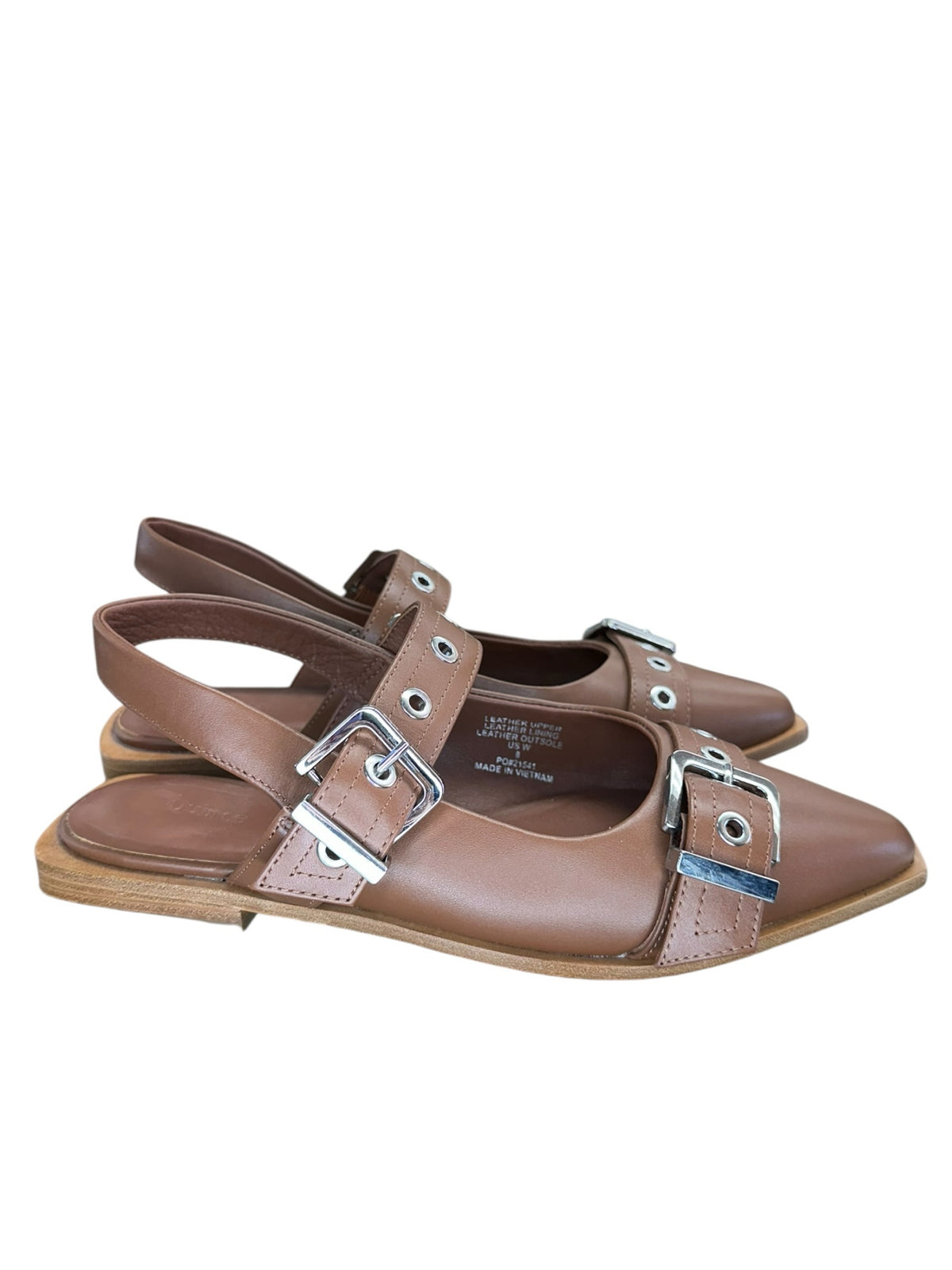 Quince Brown Cognac Italian Leather Bold Buckle Slingback Flats Size 8