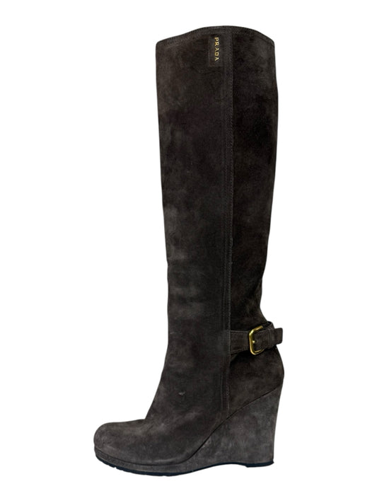 PRADA Brown Suede Wedge Knee Boots Size 7