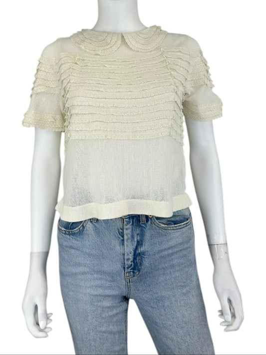 THE GREAT. Cream Cropped Lace Trimmed Blouse Size 0