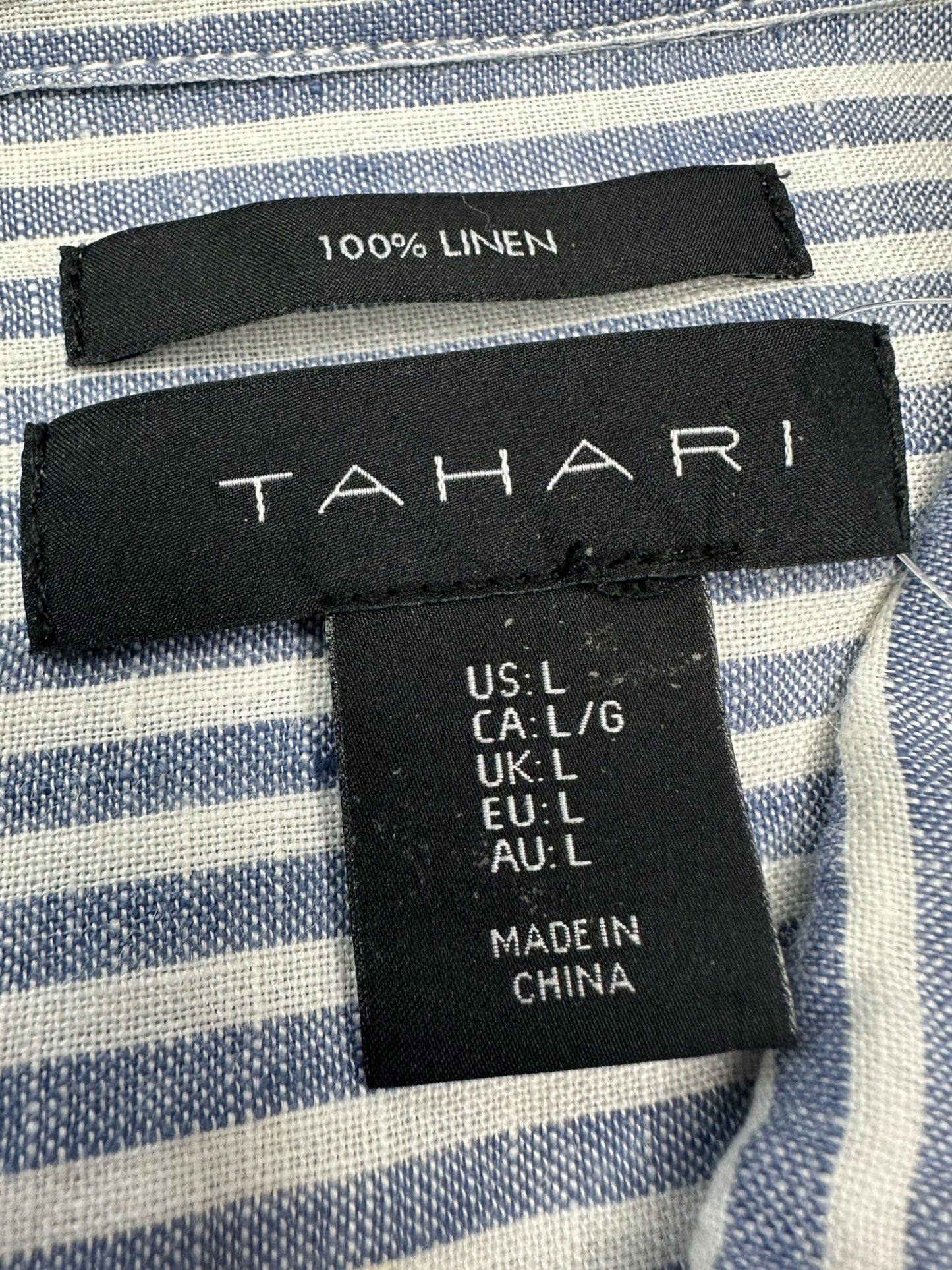 TAHARI 100% Linen Blue Striped Button-down Size L