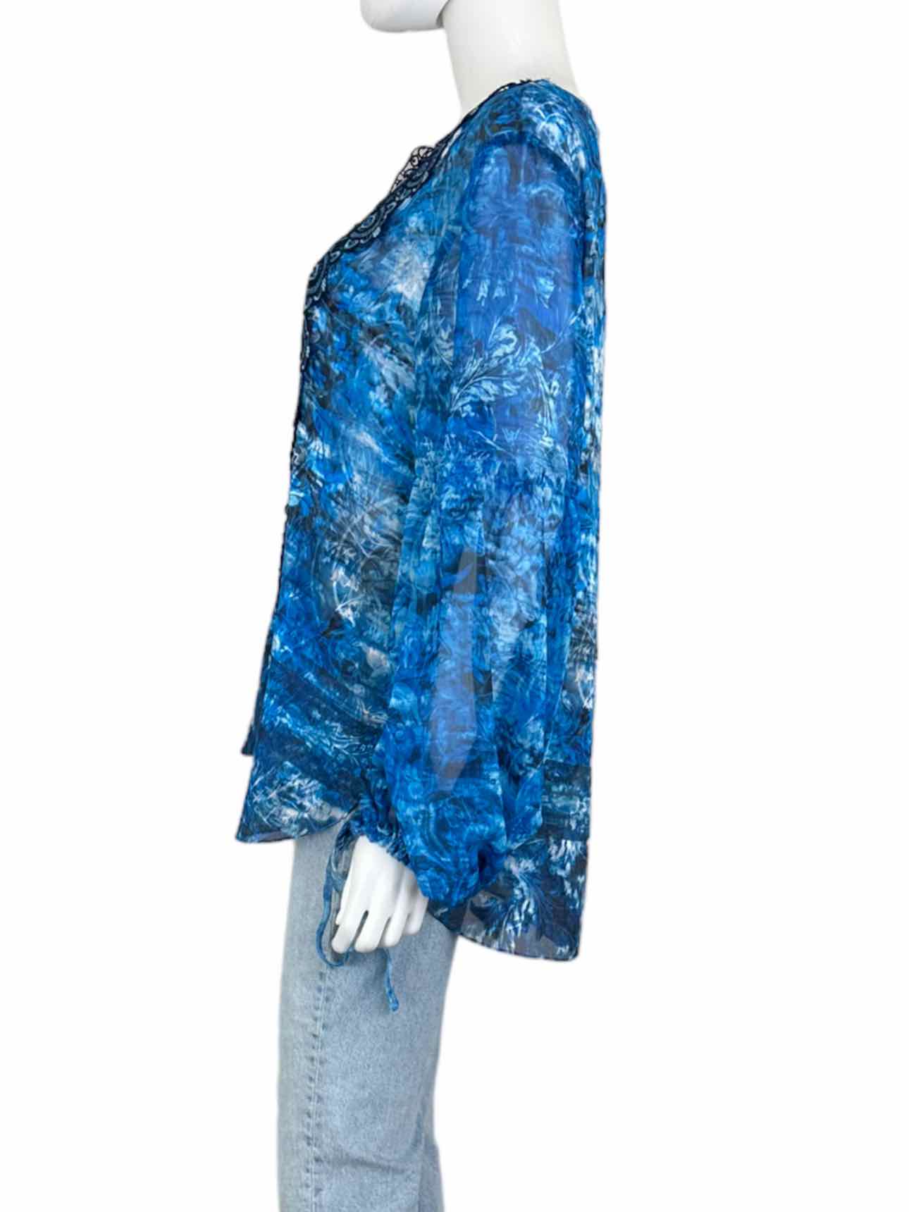 ELIE TAHARI Blue Crochet Lace Silk Blouse Size L