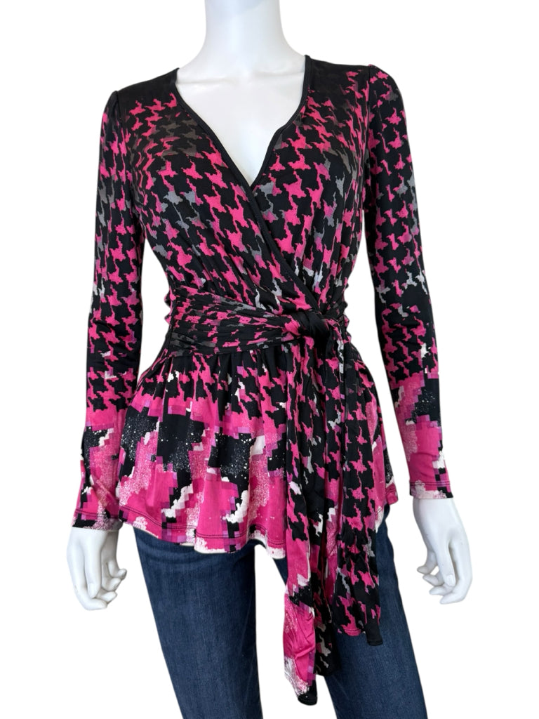 ETCETERA Pink Houndstooth 100% Silk Wrap Blouse Size M