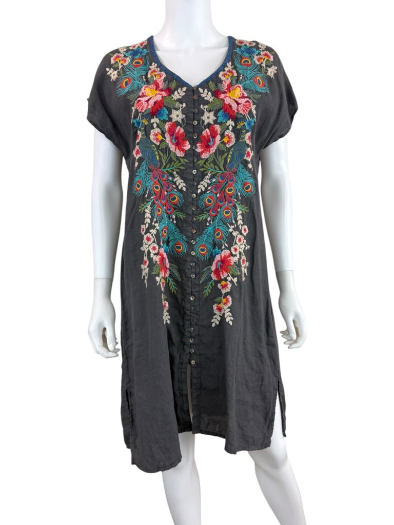 Johnny Was Charcoal 100% Linen Embroidered Dress Size M
