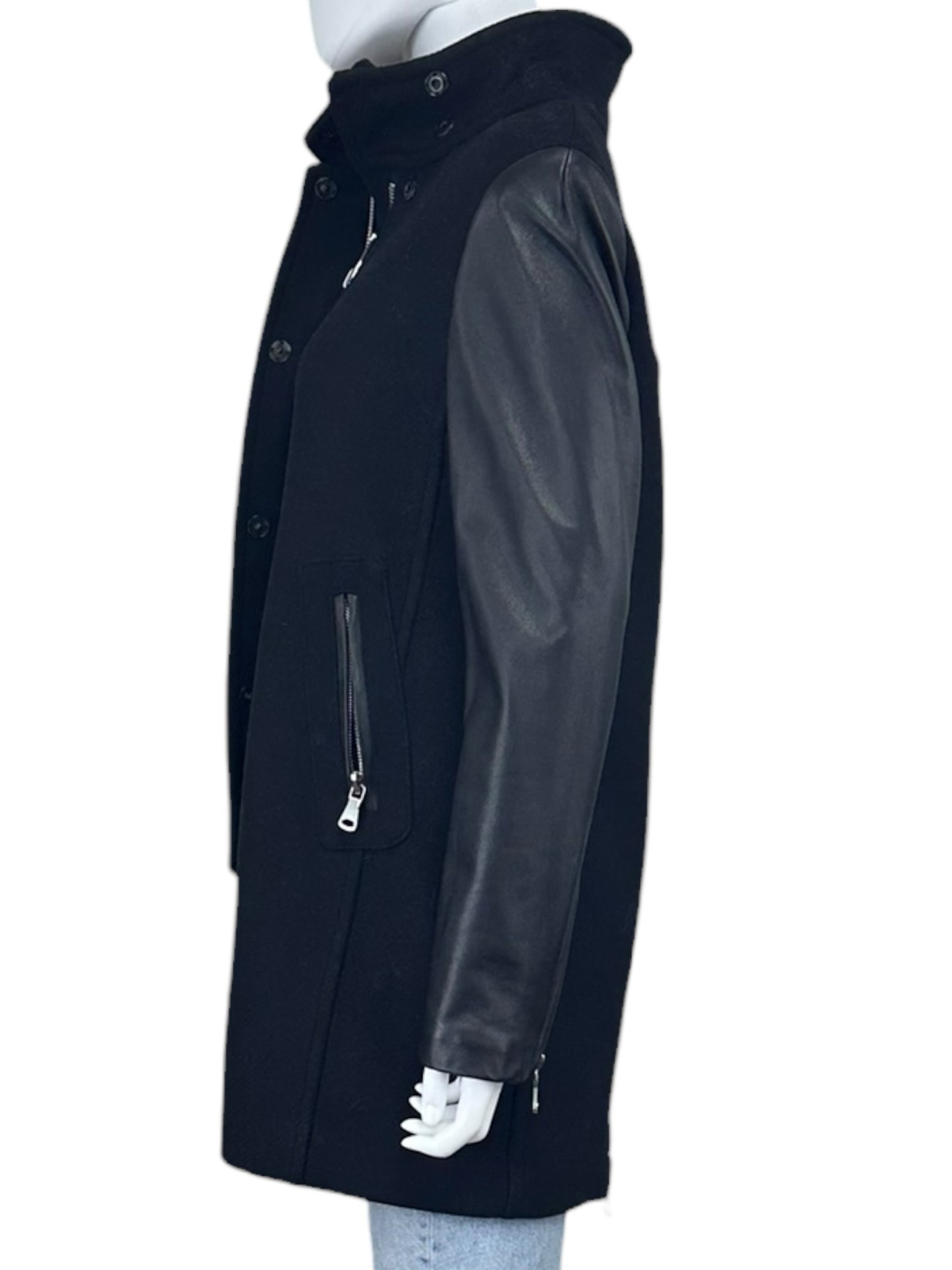 MILLY Black Wool & Leather Coat Size 6