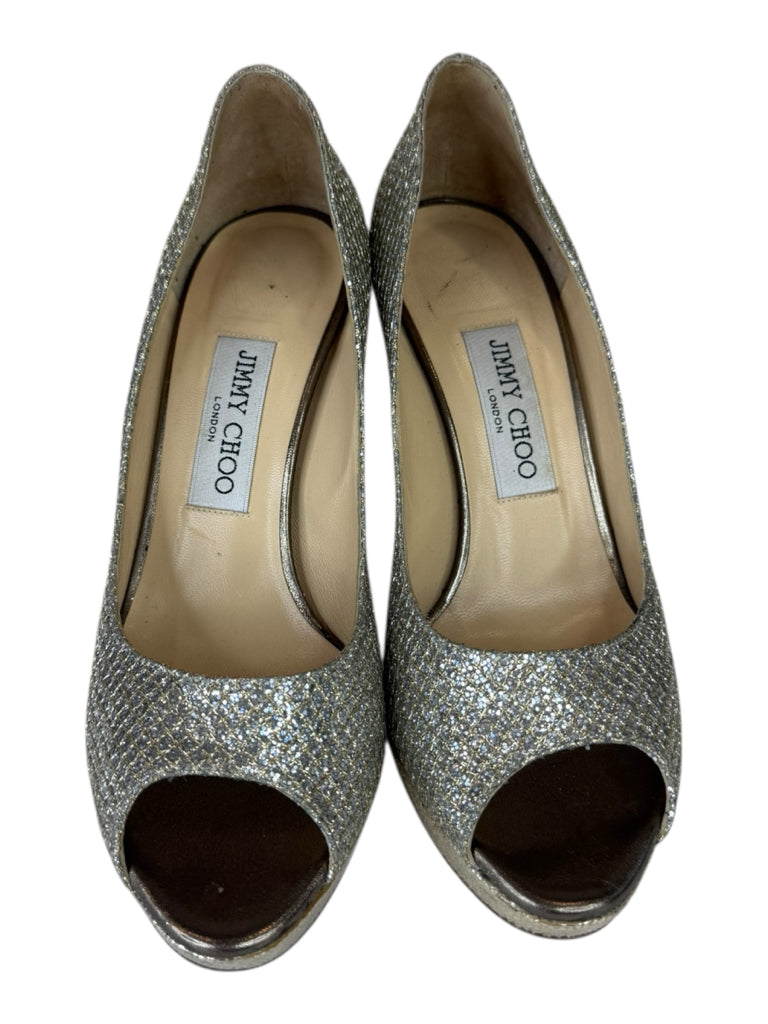 JIMMY CHOO Silver Luna 100 Champagne Glitter Platform Pumps Size 38