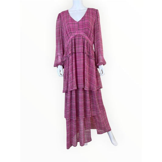 Saltwater Luxe Pink Plaid Tiered Maxi Dress Size XL