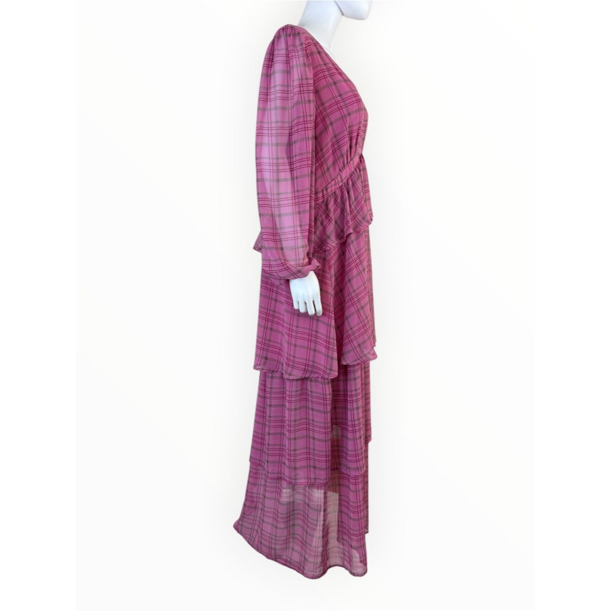 Saltwater Luxe Pink Plaid Tiered Maxi Dress Size XL