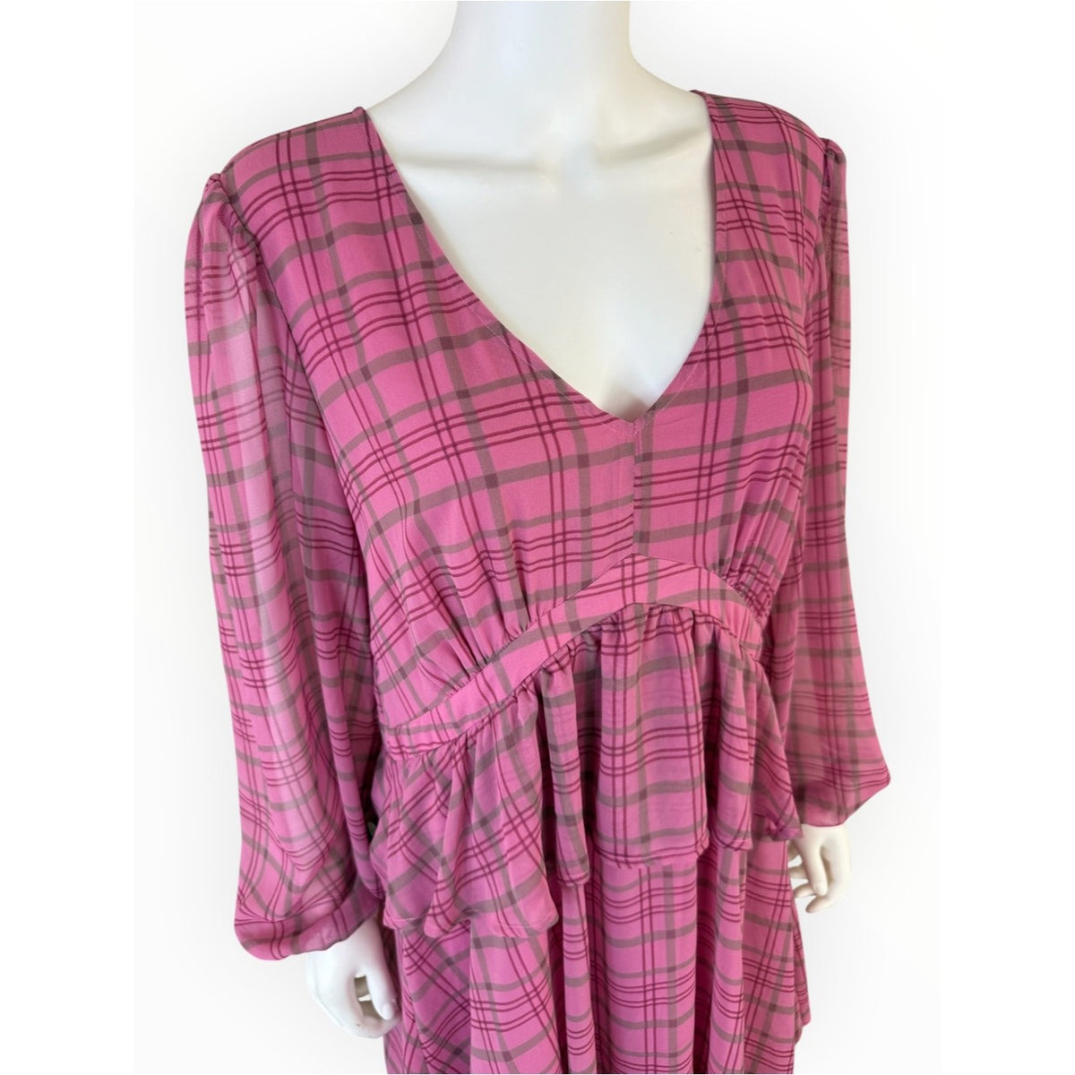 Saltwater Luxe Pink Plaid Tiered Maxi Dress Size XL
