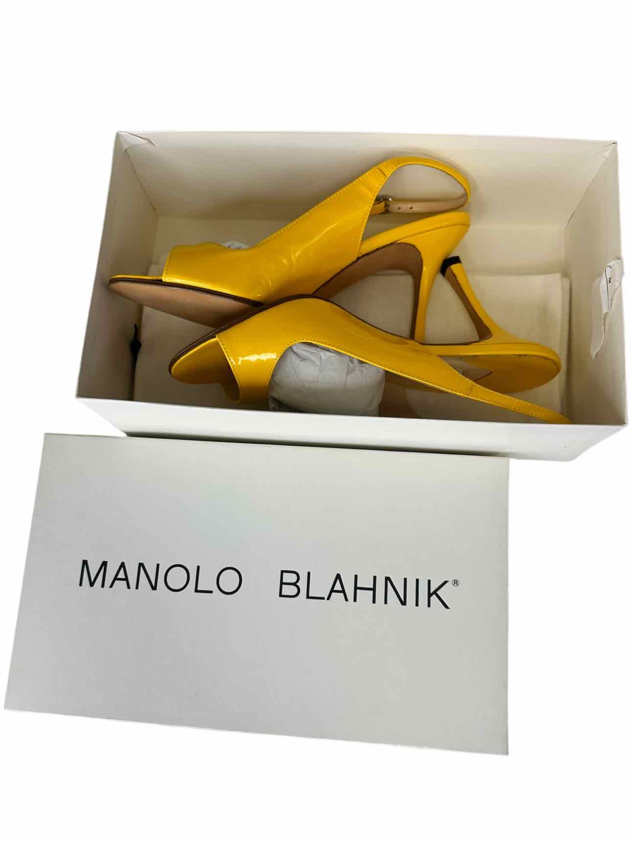 Manolo Blahnik Yellow THEYMESLI Slingback Peep Toe Pumps Size 36.5