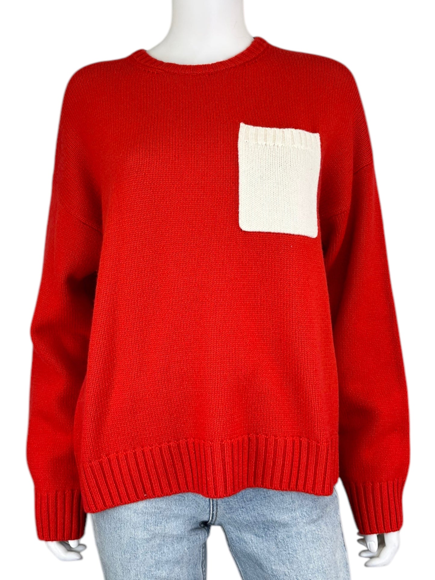 stateside Anthropologie Red Cashmere Sweater With White Pocket NWT Size M