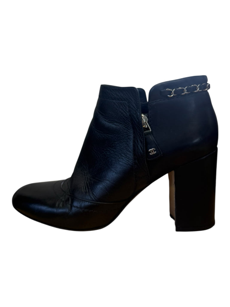 CHANEL Black Leather Ankle Boot Size 38.5