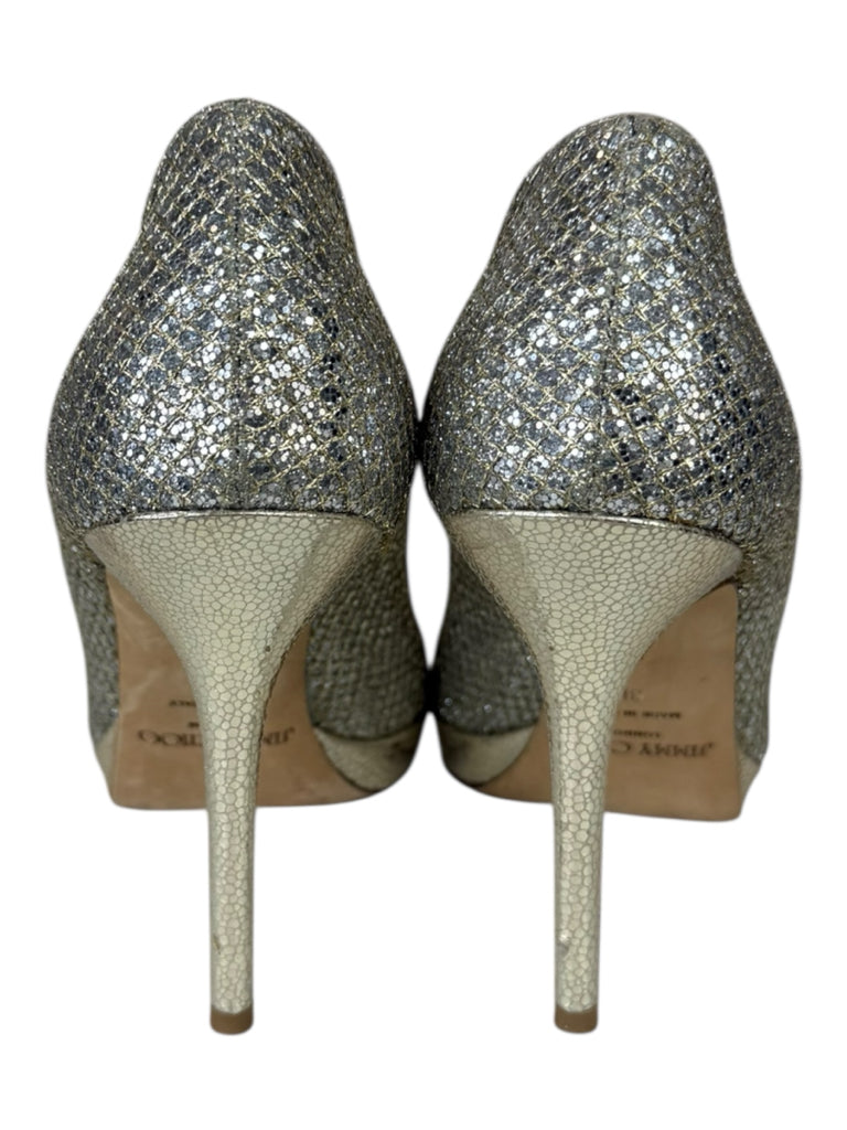 JIMMY CHOO Silver Luna 100 Champagne Glitter Platform Pumps Size 38