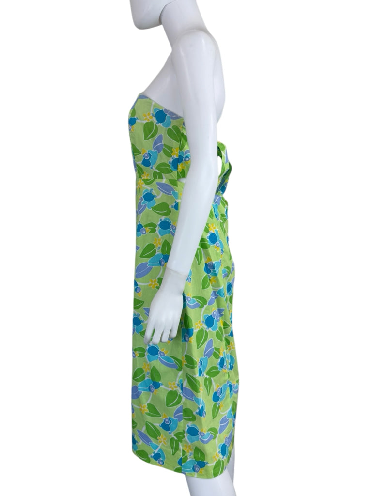 Lilly Pulitzer Vintage Green Toucan Bird Strapless Dress Size 10