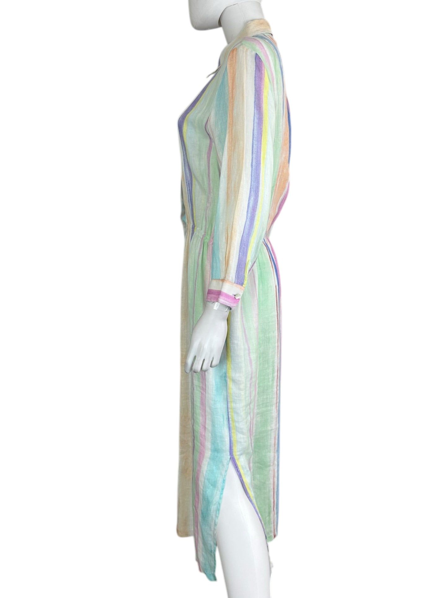 120% Lino 100% Linen Pastel Stripe Button-Down Dress Size 44