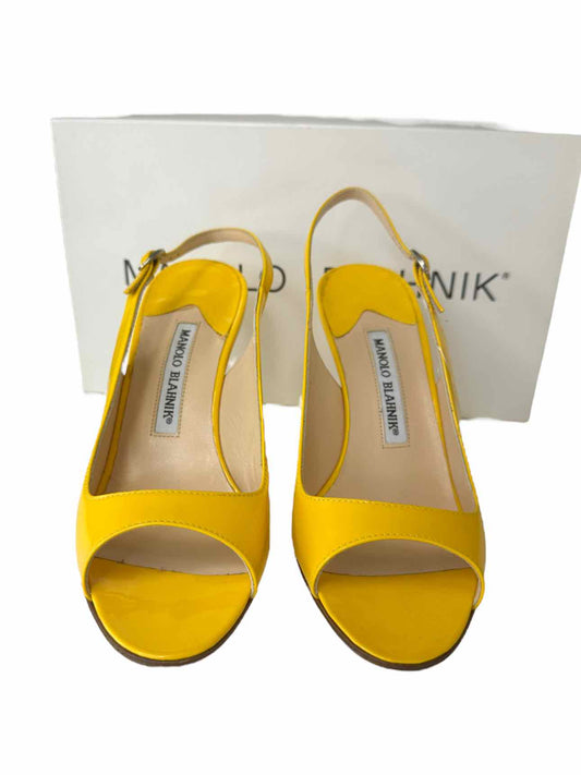 Manolo Blahnik Yellow THEYMESLI Slingback Peep Toe Pumps Size 36.5