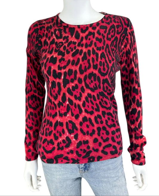 Neiman Marcus Red 100% Cashmere Leopard Print Sweater Size S