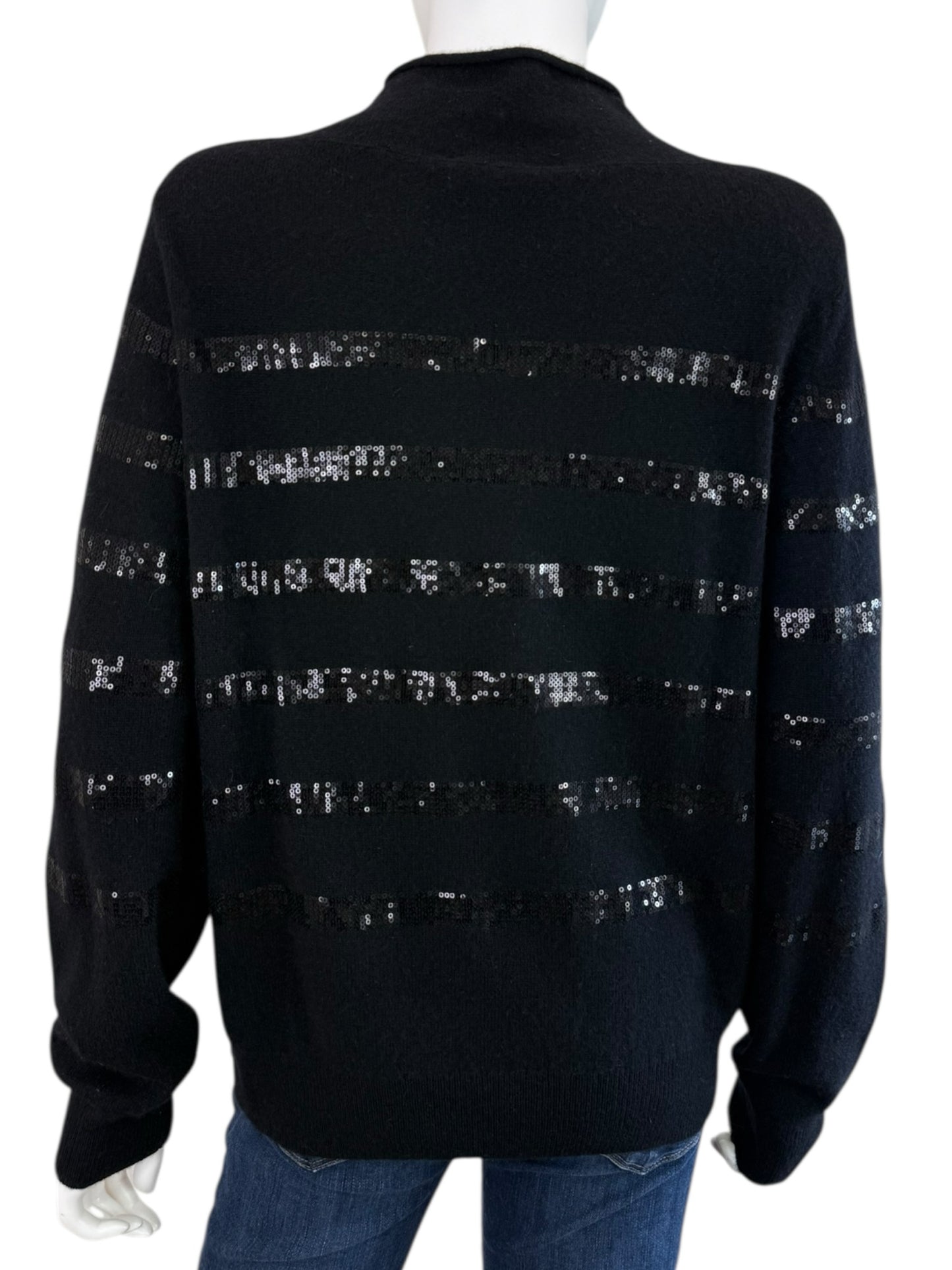 WHITE + WARREN Black 100% Cashmere Sequin Stripe Sweater Size L