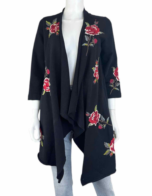 Johnny Was Black Floral Embroidered Cardigan Size S