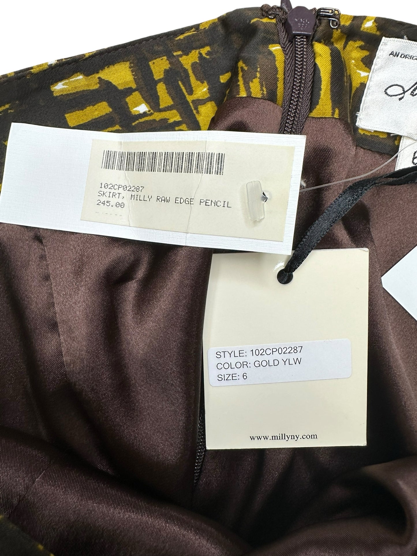 MILLY Black and Yellow Patterned Midi Skirt NWT Size 6