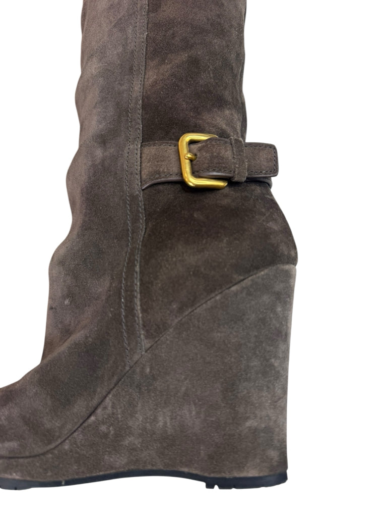 PRADA Brown Suede Wedge Knee Boots Size 7
