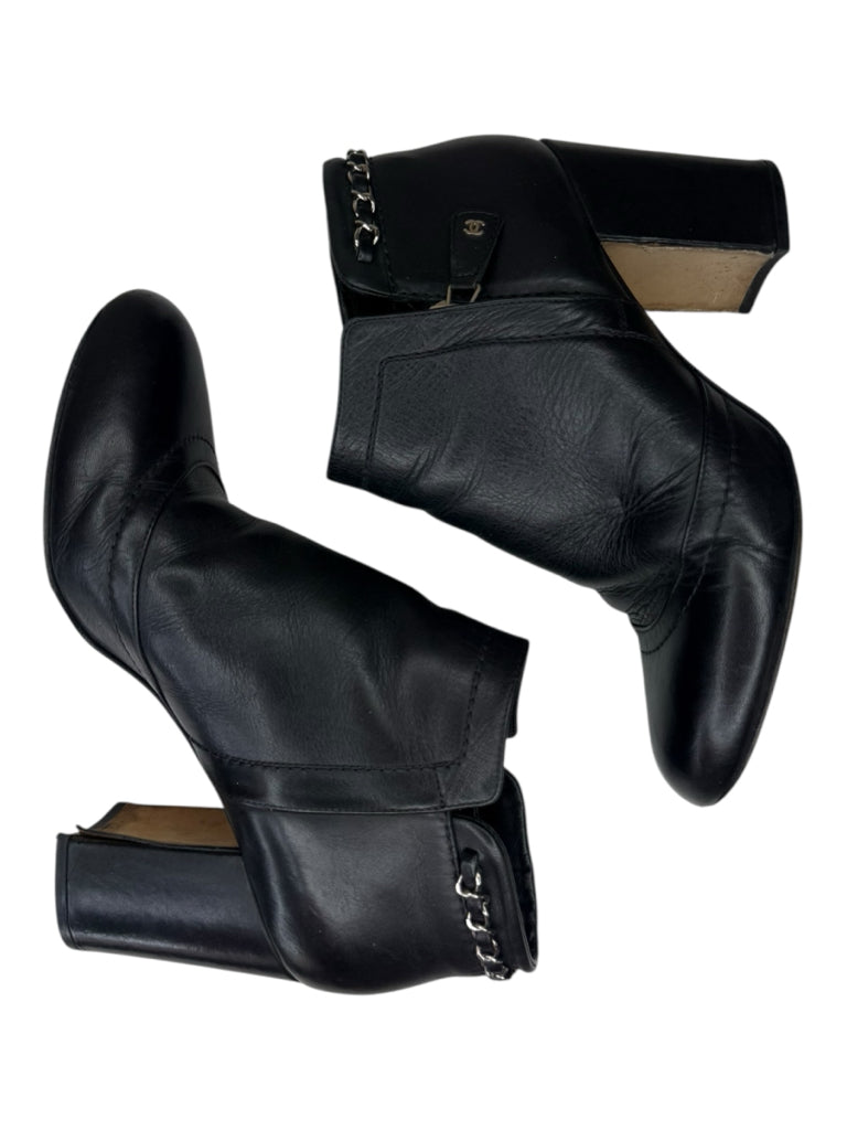 CHANEL Black Leather Ankle Boot Size 38.5