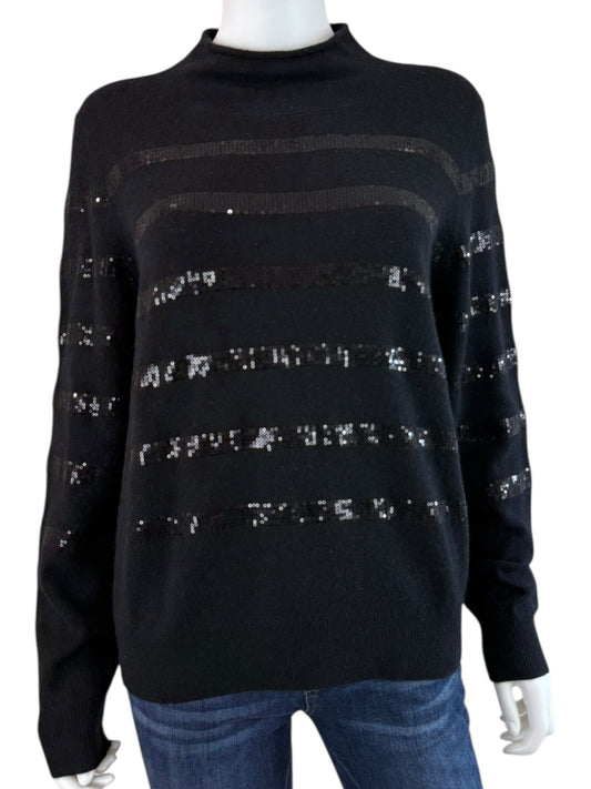 WHITE + WARREN Black 100% Cashmere Sequin Stripe Sweater Size L