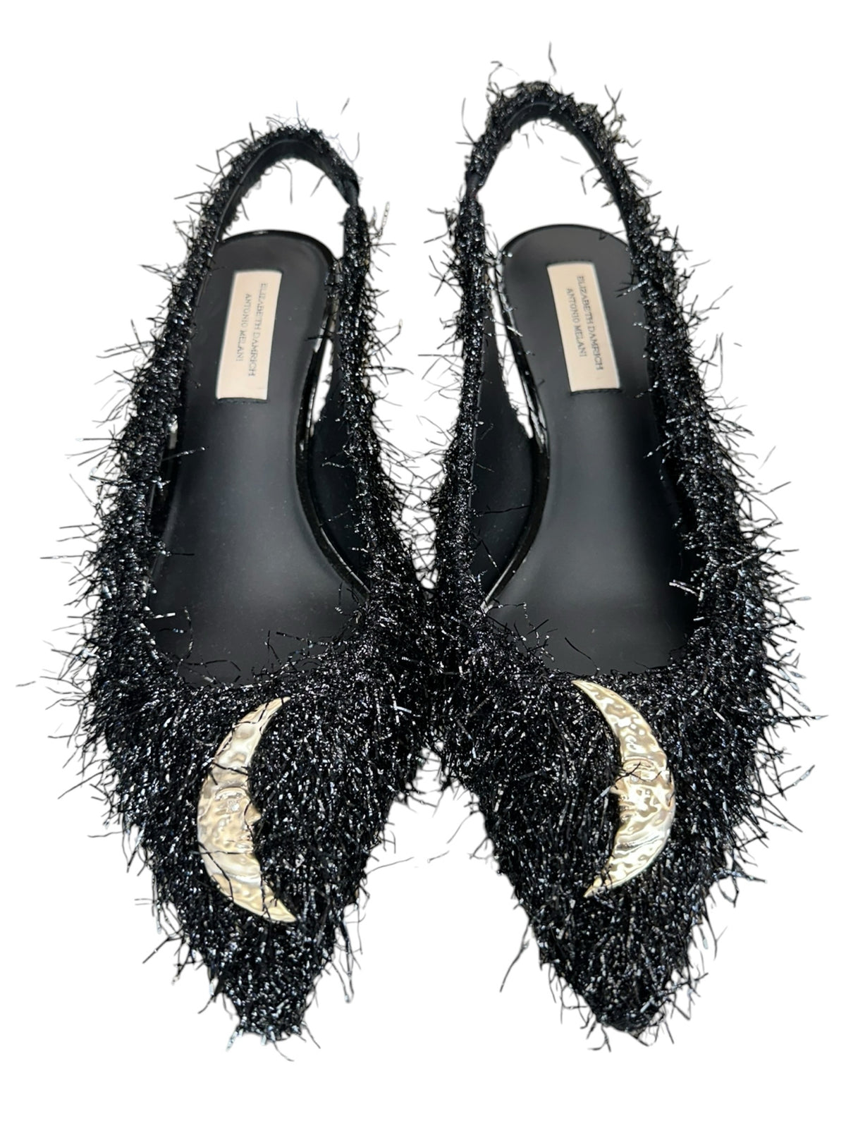 ELIZABETH DAMRICH x ANTONIO MELANI NEW Black Moon Boucle Ornamented Frayed Slingback Size 7