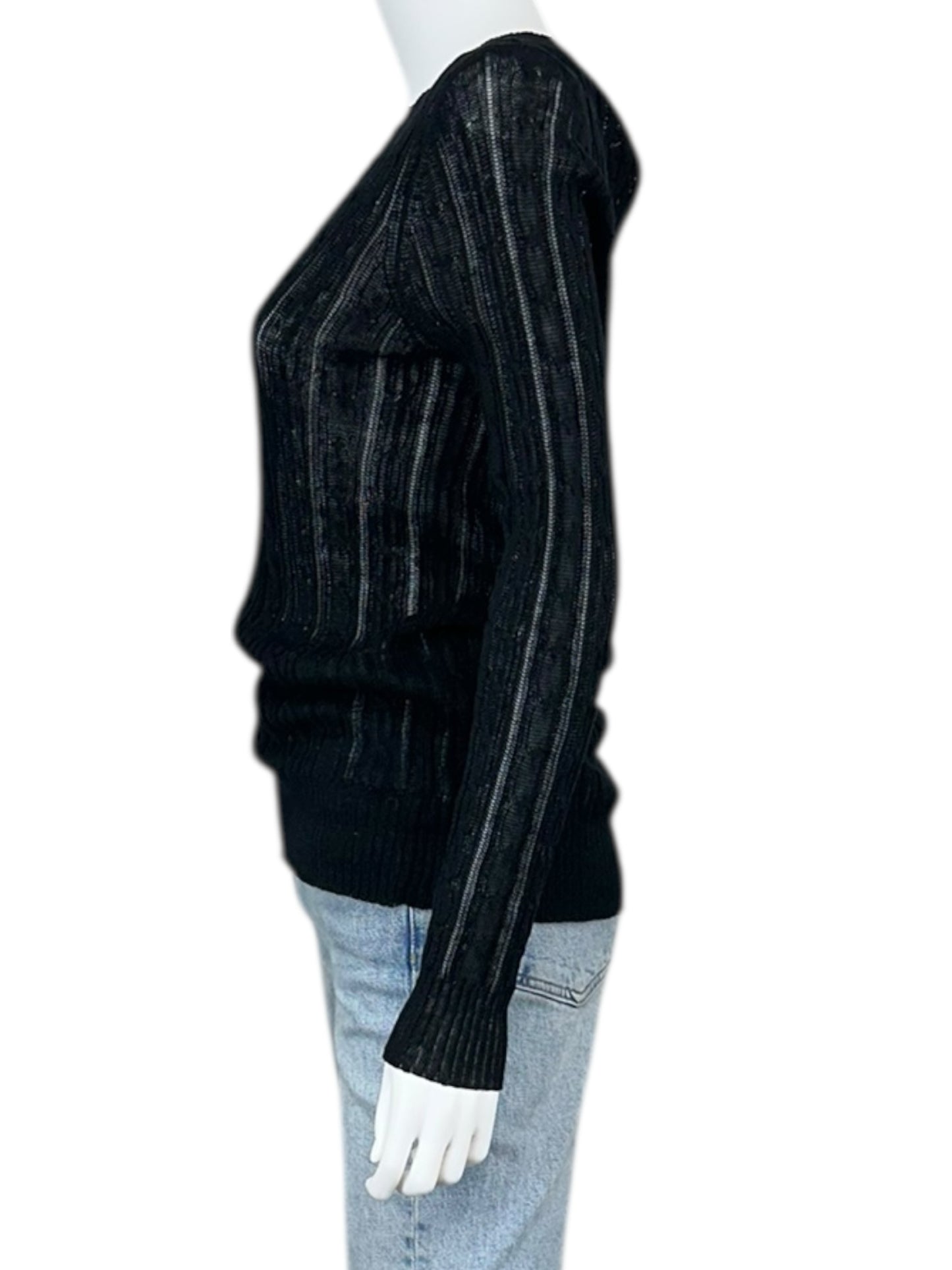 WHITE + WARREN Black 100% Linen Cable Knit Sweater Size M