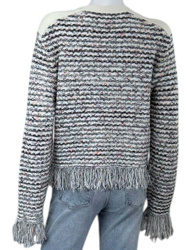 MILLY Tweed Fringe Trim Sweater Cardigan Jacket Size L