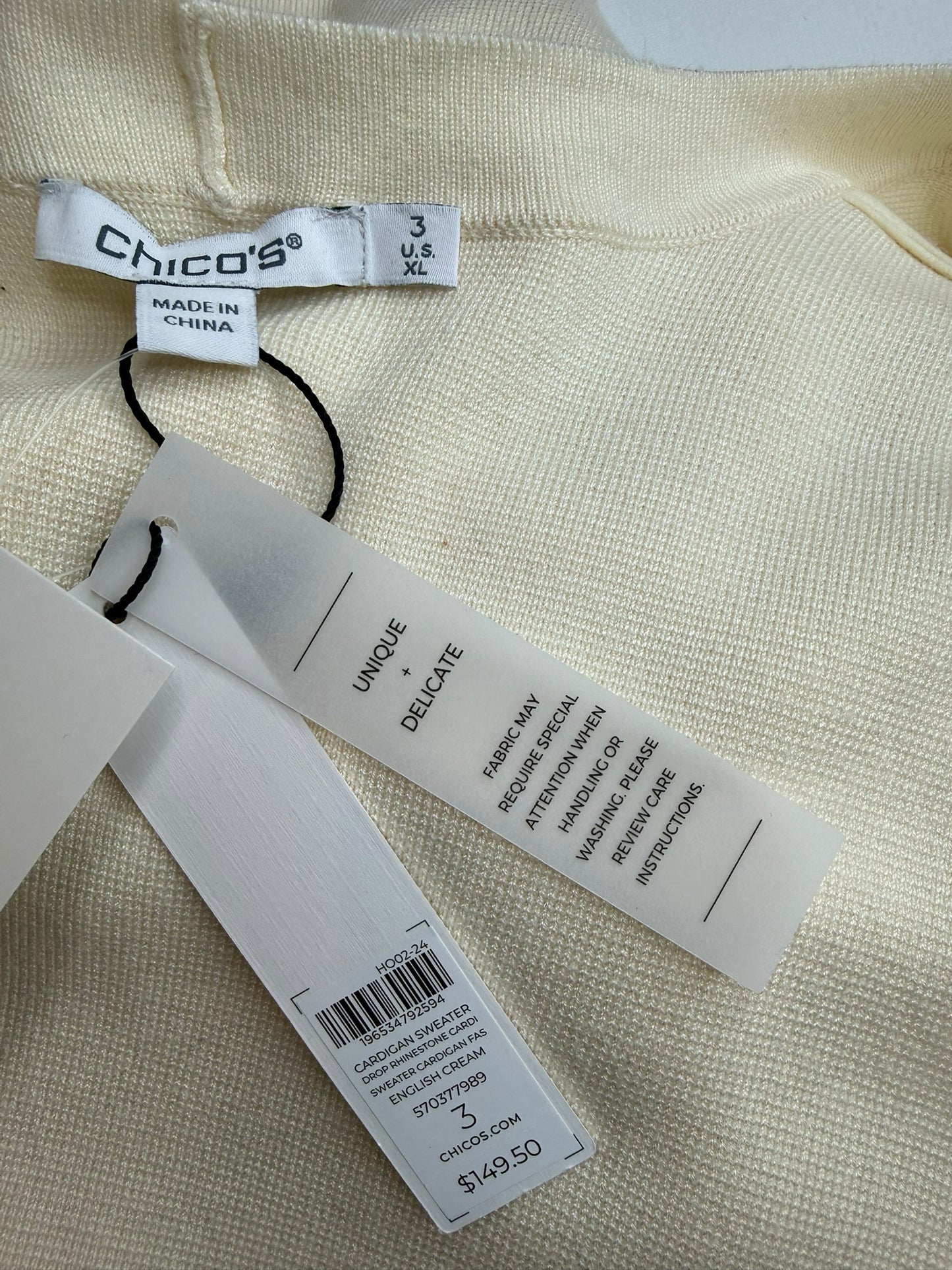 Chico's NWT Cream Drop Rhinestone Cardigan Size XL